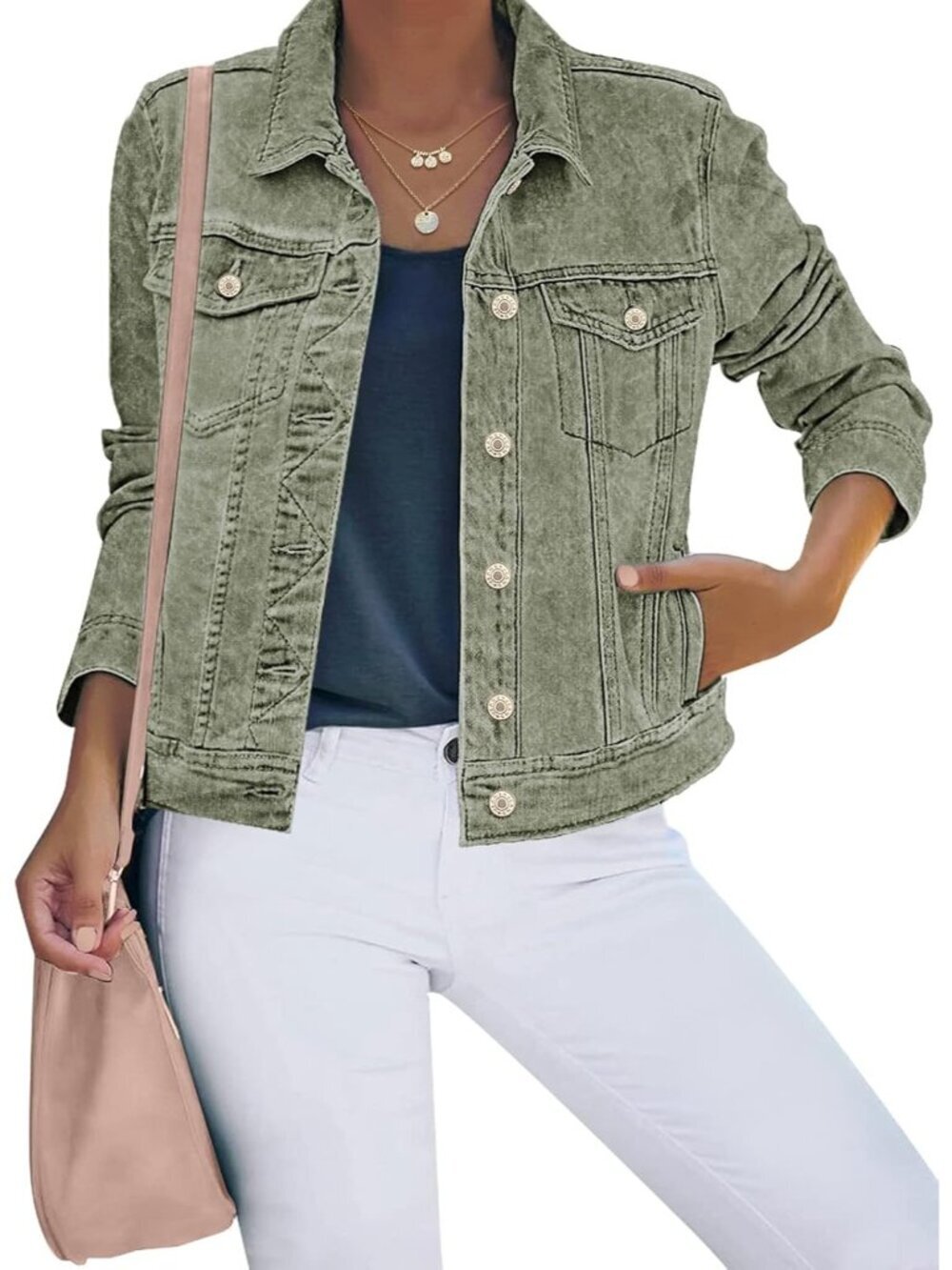 Women's Green Basic Button Down Stretch Fitted Long Sleeves Denim Jean Jacket